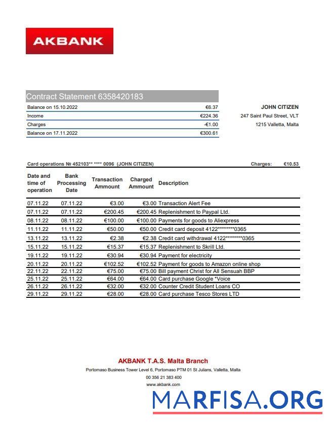 Realistic Malta Akbank bank statement excel real example